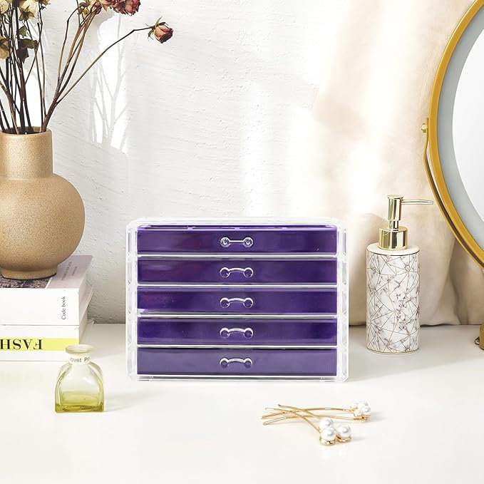 ProCase Earring Holder Organizer Jewelry Box with 5 Drawers, Acrylic Clear Earring Case with Adjustable Velvet Trays for Women - Purple, 5 Layers