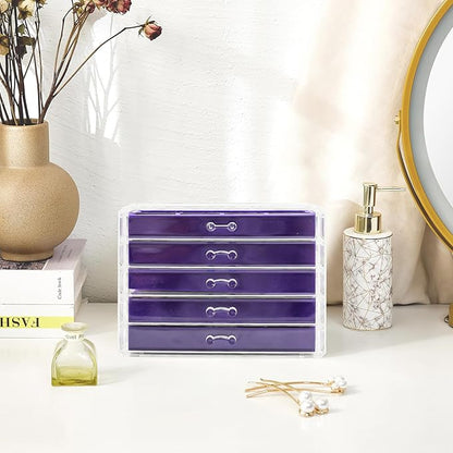 ProCase Earring Holder Organizer Jewelry Box with 5 Drawers, Acrylic Clear Earring Case with Adjustable Velvet Trays for Women - Purple, 5 Layers