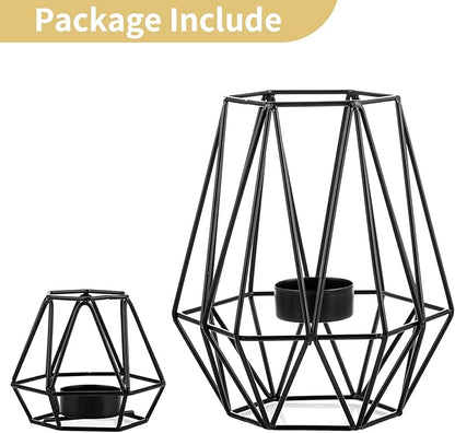 Nuptio 2 Pcs Tealight Holders - Tea Light Candle Holders Geometric Candle Holder for Dining Table Decorations Centrepiece, Black Fireplace Ornaments for Living Room, Wedding Housewarming Gifts