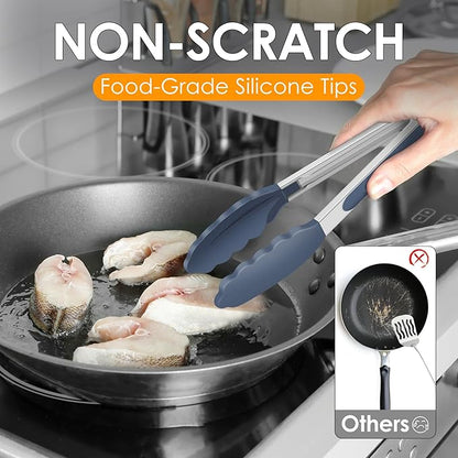 HOTEC Premium Stainless Steel Locking Kitchen Tongs with Silicon Tips, Set of 2-9" and 12",Dusty Blue