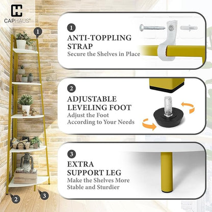 CAPHAUS Tall Corner Shelf Stand, 4-Tier Display Shelves, Ladder Corner Wood Storage Plant Bookshelf with Metal Frame, Versatile Shelving Unit Bookcase for Home Office Space, Gold
