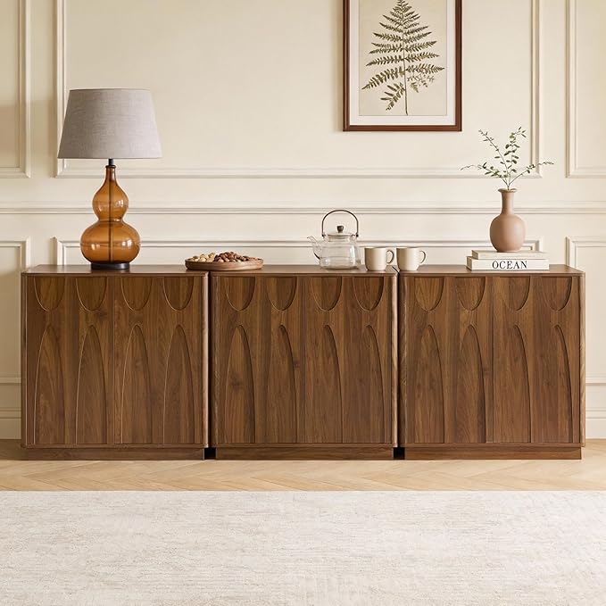 Sideboard Buffet Cabinet with Storage Set of 3, 94.5'' Mid Century Modern Storage Cabinet with Adjustable Shelf 6 Doors Credenza for Dining Room, Living Room, Entry (Walnut)