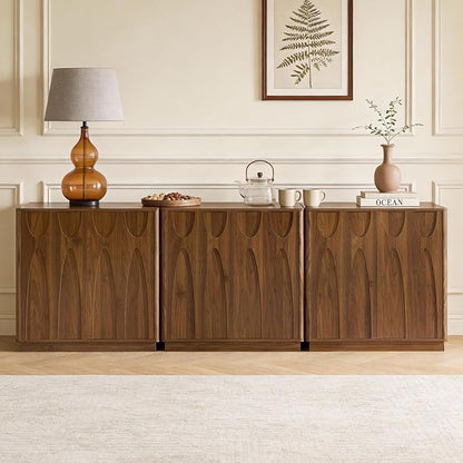 Sideboard Buffet Cabinet with Storage Set of 3, 94.5'' Mid Century Modern Storage Cabinet with Adjustable Shelf 6 Doors Credenza for Dining Room, Living Room, Entry (Walnut)