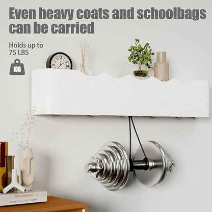 Coat Rack Wall Mount with Shelf 5 Hidden Hooks Modern Wooden Key Holder Entryway Organizer for Hallway Bedroom Bathroom Home Decor Storage for Hanging Coats Hats Bags Towels, Wave-Shape White