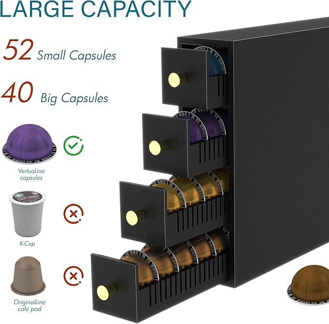 Suli Coffee Pod Holder, 52 Pods Large Capacity, 4-Tier Coffee Pod Organizer for Countertop, Dual Orientation, Space Saving Coffee Capsule Storage Drawer, Black