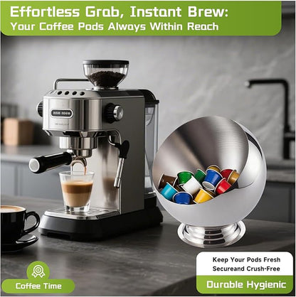 Large Capacity Coffee Pod Holder – Stainless Steel Pod Organizer and Holder | Stylish Coffee Bar Accessories & Countertop Storage (Silver with Base, L)