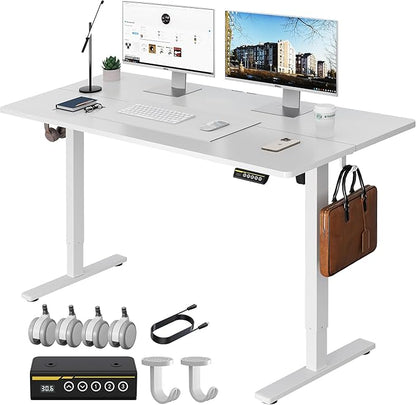 Large Electric Standing Desk,55x28 Inches Adjustable Height Stand up Desk, Sit Stand Home Office Desk, 3 Preset Heights,Equipped with Hooks,Ergonomic Computer Desk Workstation，White