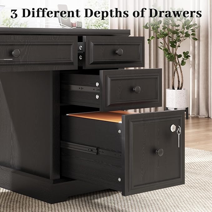Vipbear 59" Executive Desk, Farmhouse Computer Desk with Drawers, Lockable File Drawer, Storage Cabinet & Power Outlet, Rustic Home Office Desks, Workspace for Work Study Writing, Black