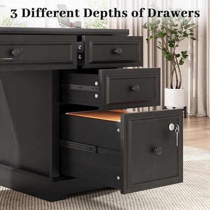 Vipbear 59" Executive Desk, Farmhouse Computer Desk with Drawers, Lockable File Drawer, Storage Cabinet & Power Outlet, Rustic Home Office Desks, Workspace for Work Study Writing, Black
