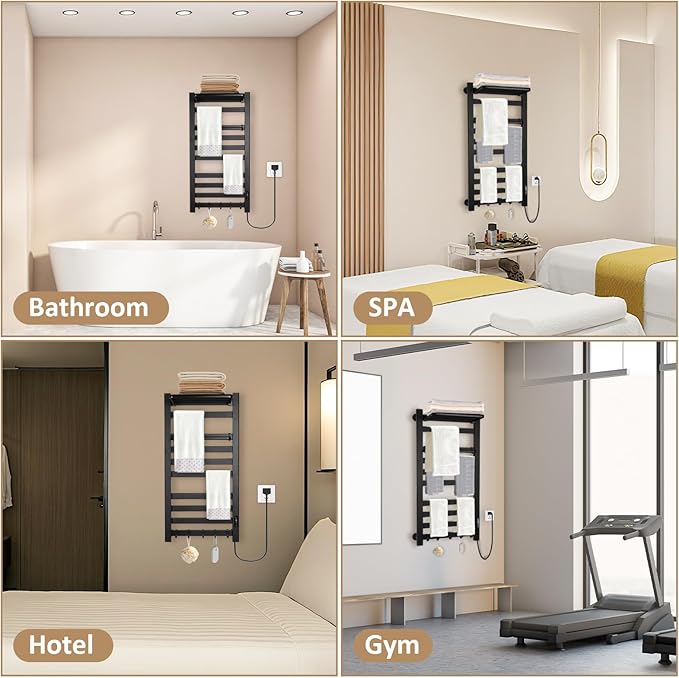 Heated Towel Rack for Bathroom Towel Warmer Racks Wall Mounted with Shelf,Timer & Temperature Multi-Level Adjustments with 10 Bars for Bathroom Shower Hot Tub(Black)