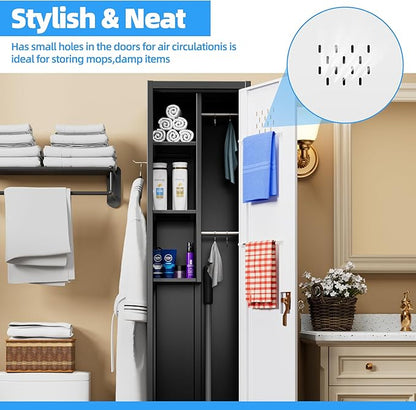 72" H Broom Closet Storage Cabinet, Metal Garage Storage Cabinet with Wheels, Pegboard, Locking Door and Hooks for Garage, Home, Utility Cleaning Cabinet for Broom and Mops, Black and White