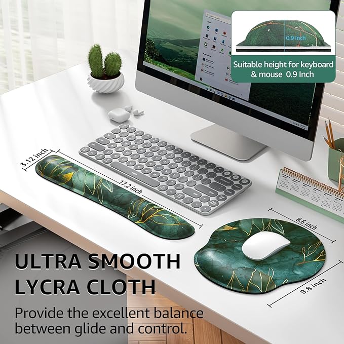 KTRIO Keyboard Wrist Rest & Mouse Pad with Wrist Rest Set, Green Leaves | Memory Foam Wrist Support, Ergonomic Design, Non-Slip Base, Office and Home Use