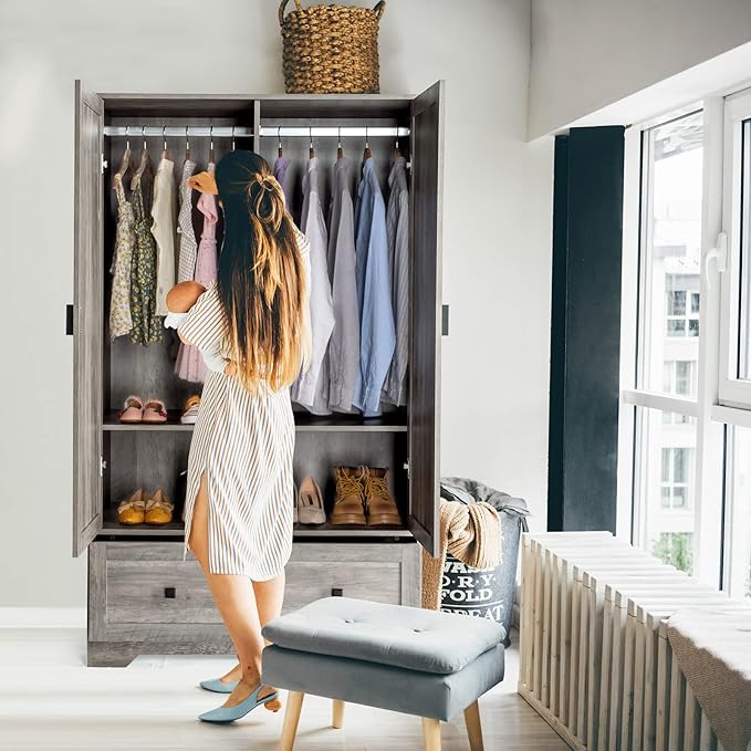VINGLI Wide Armoire Wardrobe Closet with Hanging Rod, Adjustable Shelves and Drawer, Freestanding Wardrobe Closet with Doors, Bedroom Armoires and Wardrobes, Rustic Grey