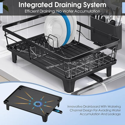 Dish Drainers for Kitchen Counter - Large Capacity Dish Drying Rack with Drainboard, Rustproof & Sturdy Design, Black Dish Rack Perfect for Plates, Cups & Kitchen Countertop Organization