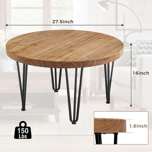 FLYJOE Rustic Wood Round Coffee Table with Metal Legs, Solid Elm Wood Top and Non-Slip Feet Pads - Farmhouse Style for Living Room, Natural