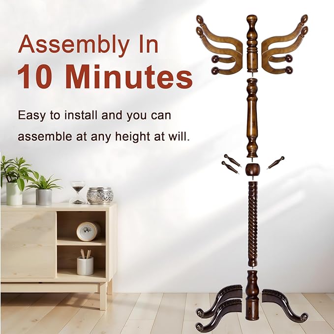 Coat Racks Freestanding, Natural Wood Coat Stands with 14 Hooks, 73" Heavy Duty Adjustable Height Vintage Hall Tree for Entryway, Bedroom, Office, Easy Assembly (Triangular Antique)