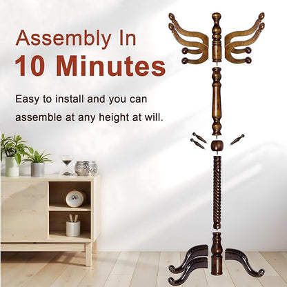 Coat Racks Freestanding, Natural Wood Coat Stands with 14 Hooks, 73" Heavy Duty Adjustable Height Vintage Hall Tree for Entryway, Bedroom, Office, Easy Assembly (Triangular Antique)
