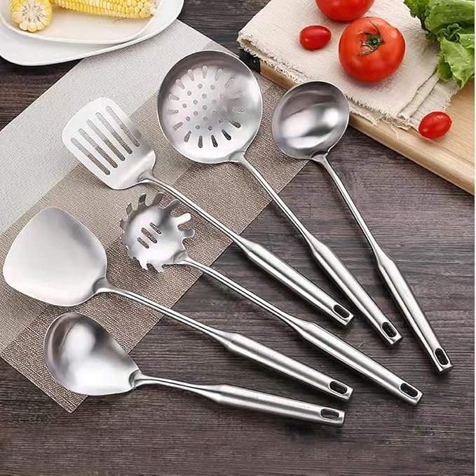 18/10 Stainless Steel Cooking Utensils Set 6 Pcs Metal Long Handle Kitchen Utensil, Spatula, Serving Soup spoon, Leaking shovel, Pasta Spoon Kitchen Tools Set (6 Pieces Set)