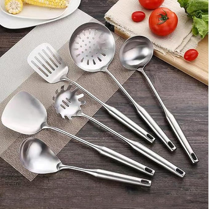 18/10 Stainless Steel Cooking Utensils Set 6 Pcs Metal Long Handle Kitchen Utensil, Spatula, Serving Soup spoon, Leaking shovel, Pasta Spoon Kitchen Tools Set (6 Pieces Set)