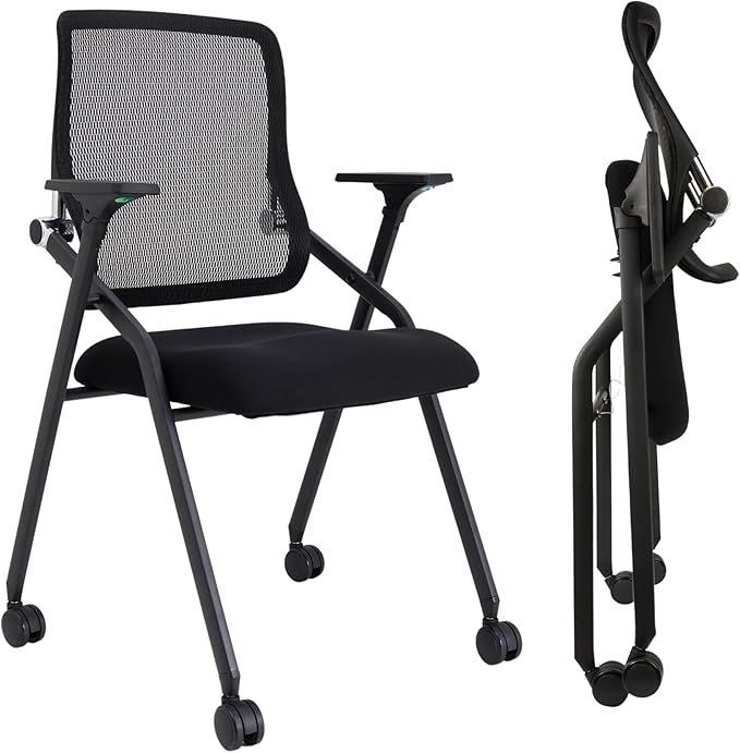 Updated Conference Room Chairs, Folding Office Desk Chair with Lumbar Support and Sliding Armrest with Casters, Stackable Office Guest Chairs & Reception Chairs, 10 Pack Black
