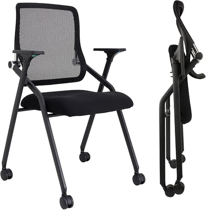 Updated Conference Room Chairs, Folding Office Desk Chair with Lumbar Support and Sliding Armrest with Casters, Stackable Office Guest Chairs & Reception Chairs, 10 Pack Black