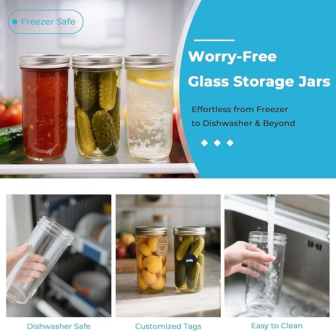 CycleMore 24oz 12 Pack Mason Glass Jars with Silver Separable Lids, Wide Mouth Canning Jars, Glass Pickle Canning Jars for Jelly, Jam, Honey, Wedding Favors, Spices and Herbs