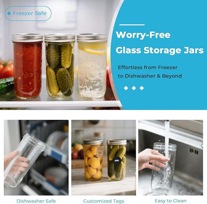 CycleMore 24oz 12 Pack Mason Glass Jars with Silver Separable Lids, Wide Mouth Canning Jars, Glass Pickle Canning Jars for Jelly, Jam, Honey, Wedding Favors, Spices and Herbs