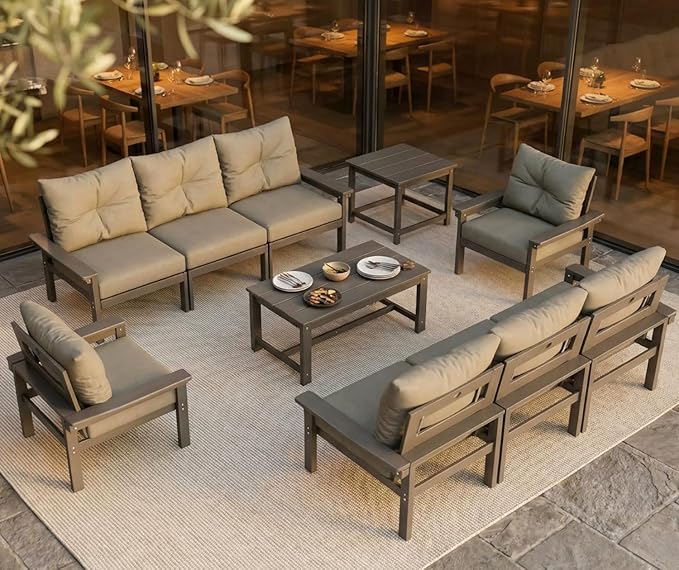 HDPE Outdoor Patio Furniture Set, 6-Piece Patio Conversation Sets with Coffee Table & Side Table & Grey Washable Thick Cushions, Outdoor Sofa for Balcony, Porch, Poolside (Grey Frame)
