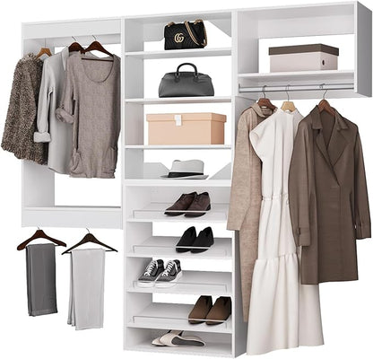 ROOMTEC Modular Closet System, 96" Wall Mounted Modern Closet Organizer with Hanging Rods and Shoe Shelf, Wooden Tower for Walk-In Closets, Wardrobe Storage Kit, White