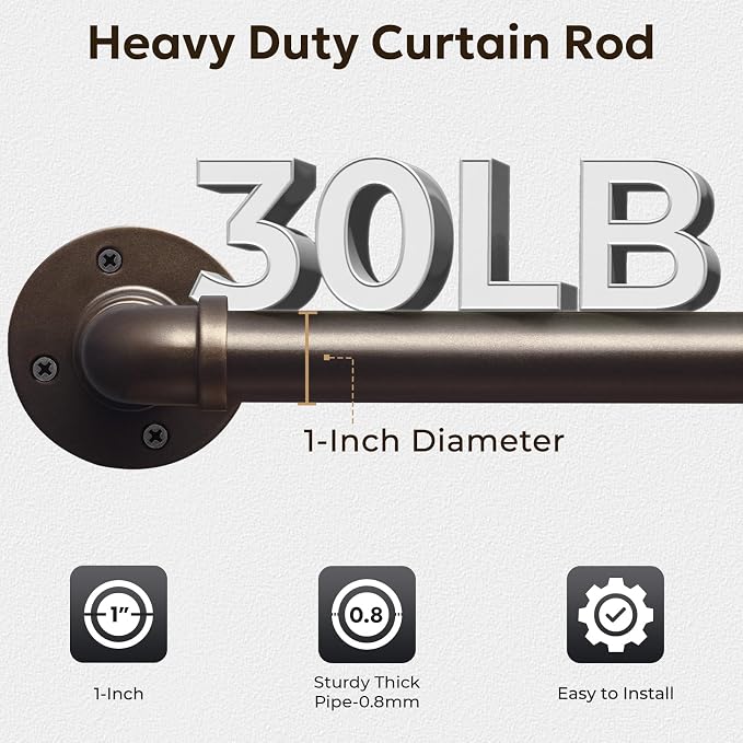 Zeerobee Curtain Rods for Windows 32 to 48, 1 Inch Industrial Wrap Around Antique Bronze Curtain Rod, Indoor/Outdoor Room Divider Adjustable Drapery Pole, 32"-48"