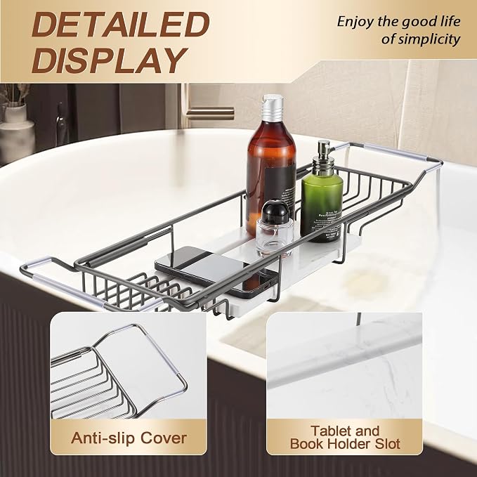 BVL Bathtub Tray Stainless Steel with Marble Base Gun Gray Bathtub Tray with White Marble Base Adjustable & Rustproof Bath Caddy for Spa, Relaxation, Bath Bombs