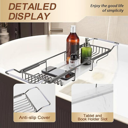 BVL Bathtub Tray Stainless Steel with Marble Base Gun Gray Bathtub Tray with White Marble Base Adjustable & Rustproof Bath Caddy for Spa, Relaxation, Bath Bombs