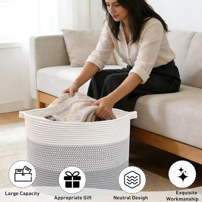 65L Large Blanket Basket,Woven Rope Laundry Basket Hamper with Handles,Decorative Nursery Basket Storage Bin for Toys, Pillows, Clothes Organizer, Living Room, Bedroom, Bathroom, Grey