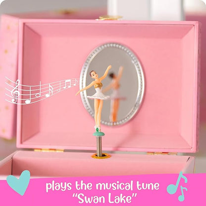 Giggle & Honey Musical Ballerina Jewelry Box for Girls - Kids Music Box with Spinning Ballerina, Ballet Birthday Gifts for Little Girls, Jewelry Boxes, 6.8 x 5.3 x 6 in - Ages 3-10, Pink