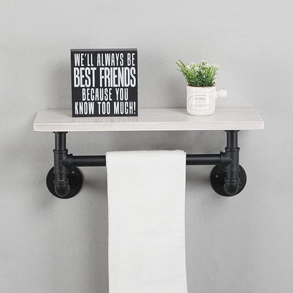 MBQQ Industrial Pipe Shelf Bathroom Shelves Wall Mounted,19.6in Rustic Wood Shelf with Towel Bar,1 Tier Farmhouse Towel Rack,Pipe Shelving Floating Shelves Towel Holder,Black & White