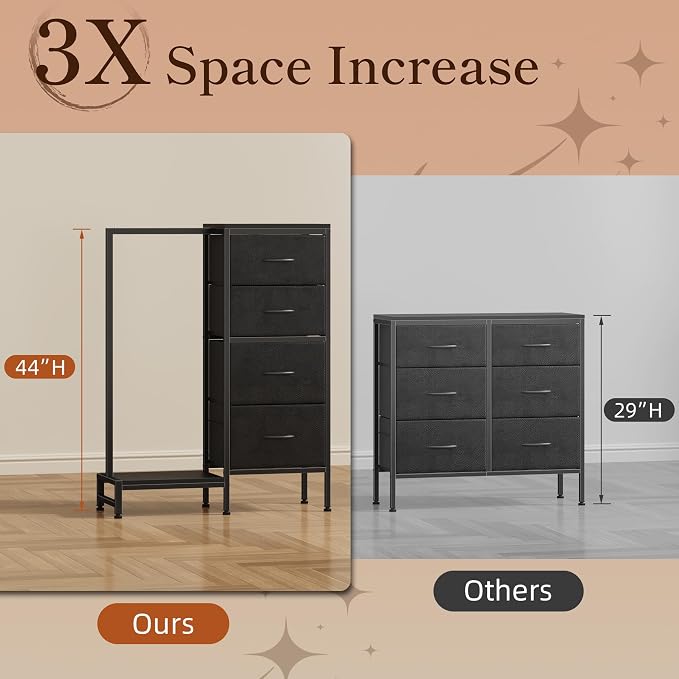 HIGDBFE Dresser with Hanging Rack, 4 Drawers Small Closet for Bedroom, Reversible Fabric Kids Chest of Drawers with Clothes Rack, Tall Storage Tower, Sturdy Frame, Black, 44''H