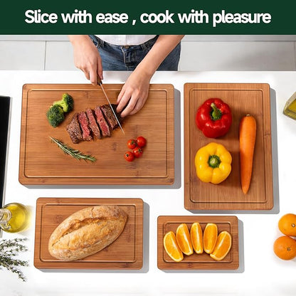 4-Piece Set Bamboo Cutting Board for Kitchen - Crack-Resistant Wood Chopping Boards with Deep Juice Grooves, Pre-Oiled Butcher Block for Meat, Vegetables & Cheese, Carbonized