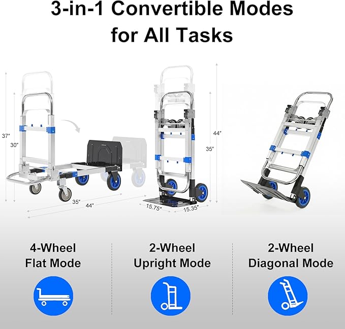 Folding Hand Truck Dolly, 500 lbs Heavy-Duty Convertible Cart, Aluminum Alloy Collapsible Design with Silent Rubber Wheels, Adjustable Handle, Flat Fold for Moving, Home, Office (Blue)