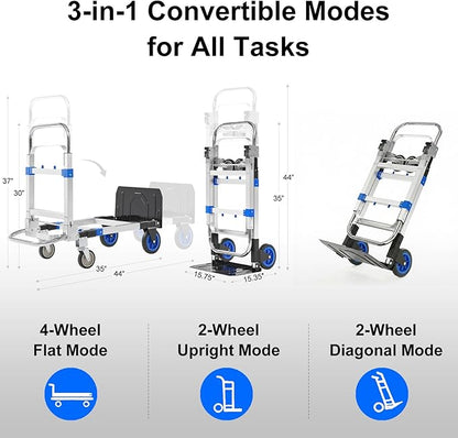 Folding Hand Truck Dolly, 500 lbs Heavy-Duty Convertible Cart, Aluminum Alloy Collapsible Design with Silent Rubber Wheels, Adjustable Handle, Flat Fold for Moving, Home, Office (Blue)