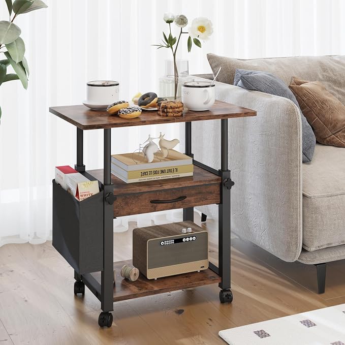 YAOHUOO 22"x15" Large Printer Stand with Drawer, 3-Tier Rolling Table Cart | Storage Drawer and Side Bag,Height Adjustable Cart,Fit printer/fax/3d/scanner,4 lock wheels or feet,Home Office,Rustic Brown