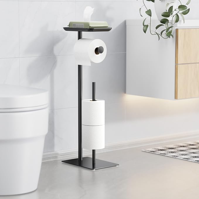Toilet Paper Holder Stand with Top Storage Shelf, Free Standing Toilet Roll Dispenser for Bathroom, Holds 4 Reserve Rolls