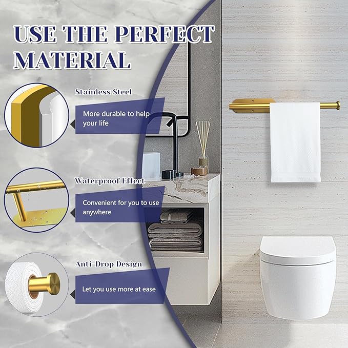 Paper Towel Holder, Self Adhesive or Drilling Paper Towel Holder Under Cabinet, Stainless Steel Paper Towel Holders Wall Mount for Kitchen, Bathroom, Sink, Pantry, Fridge (Gold)