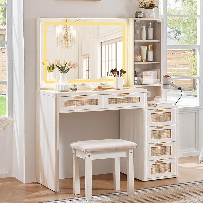 LEYAOYAO White Vanity Desk with Mirror and Lights, 43.5'' Makeup Vanity Set with Stool 6 Drawers and Adjustable Shelves, Rattan Wood Make Up Vanity with Glass Top and Power Outlet for Bedroom