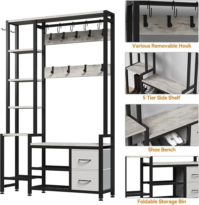 Hall Tree for Entryway 43", Bench with Shoe Storage, Large Coat Rack Shoe Bench with 5 Tier Shelves, 5 in 1 Design Front Door Shoe Rack and Wall Rack Hooks, and 2 Drawers (Rustic White)