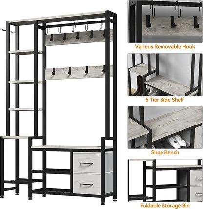 Hall Tree for Entryway 43", Bench with Shoe Storage, Large Coat Rack Shoe Bench with 5 Tier Shelves, 5 in 1 Design Front Door Shoe Rack and Wall Rack Hooks, and 2 Drawers (Rustic White)