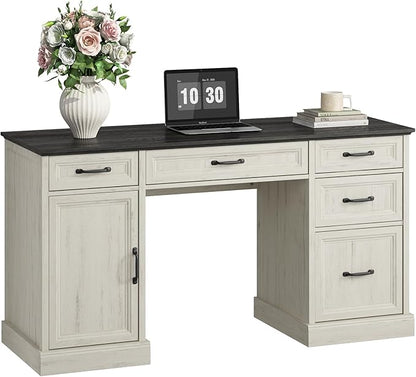 CARPETNAL 58'' Farmhouse Executive Desk with Drawers, Home Office Desk with File Drawer and Storage Cabinet, Rustic Computer Desk for Working, Studying, Writing, White