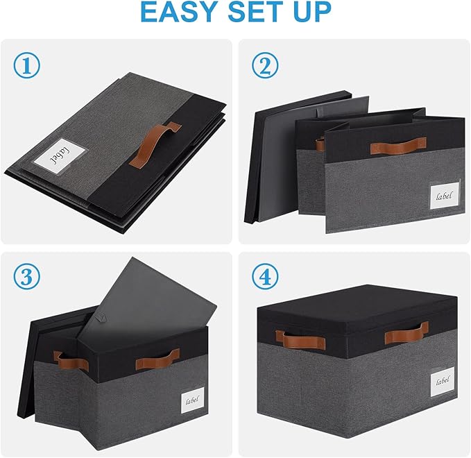 PFFVRP Large Storage Bins with Lids, Foldable Fabric Storage Baskets with Lids, Sturdy Storage Boxes with Labels and 3 PU Handles for Closet Home Bedroom Office (26L, 3 Packs, Grey&Black)