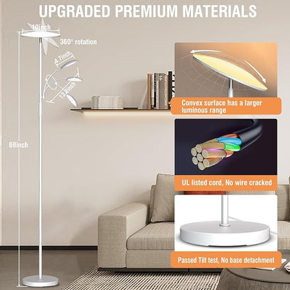 White Floor Lamps for Living Room, 44W/4500LM Super Bright 2 in 1 LED Floor Lamp with Remote, Stepless Dimmable, 69" Tall Standing Floor Lamp with Bendable Reading Light for Bedroom Office