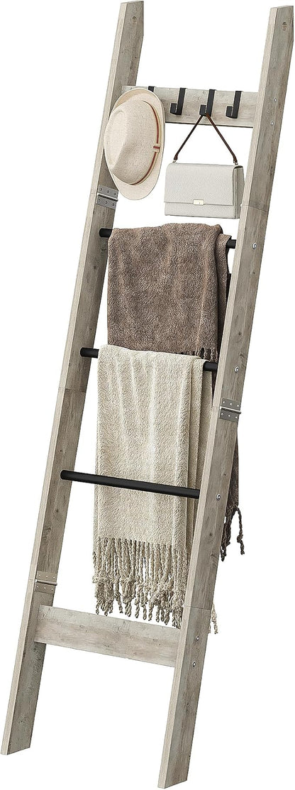 Hzuaneri Blanket Ladder for Living Room, Decorative Quilt Rack with 4 Removable Hooks, 5-Tier Farmhouse Ladder Holder Shelf Organizer for Bedroom, Greige and Black BR02105B