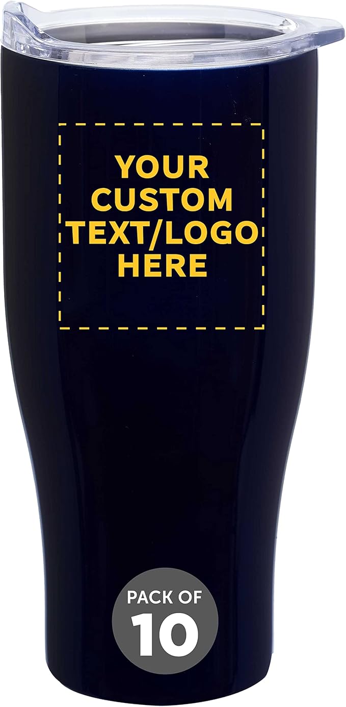 DISCOUNT PROMOS 10 Stainless Steel Grip Travel Mugs Set, 27 oz. - Customizable Text, Logo - Vacuum Insulated, Plastic Lid - Blue